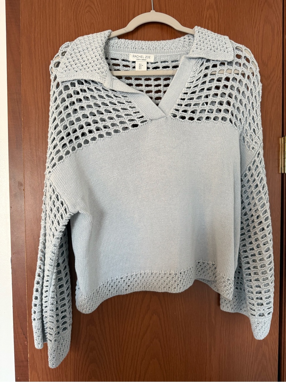 Rachel Zoe Pale Blue Open-Weave V-Neck Sweater